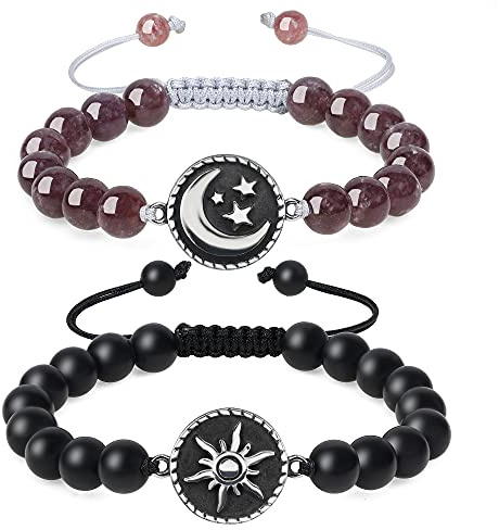COAI Pulseras de Distancia para la Pareja de Ónix Mate y Lepidolita con Amuleto Sol y Luna