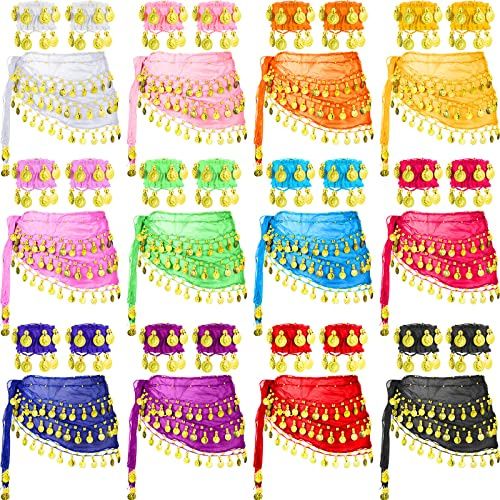 Vicenpal 36 Pcs Belly Dance Hip Scarf Belly Dance Skirt Wrist Ankle Cuffs Bracelets 12 Colors with Coins for Dancers(Fresh Color)
