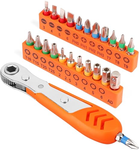 HORUSDY 23pc 1/4 Ultra Low Profile Mini Ratchet Screwdriver Set – Tamper Resistant Star Bits, 90 Degree Right Angle Offset Reversible Drive Handle, High Torque Close Quarters Tool with Multi Hex Bits
