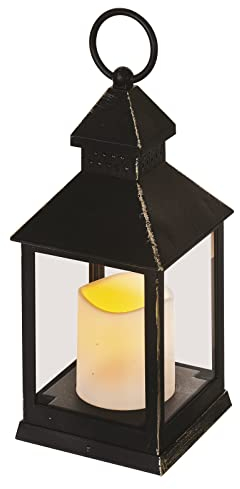 EMOS Lanterna antica con candela LED, design vintage e effetto fiamma, IP20 per interni, funzionamento a batteria (3 x AAA), 10.000 ore, luce bianca calda, funzione timer 6 ore, 10,5 x 24 cm, nero