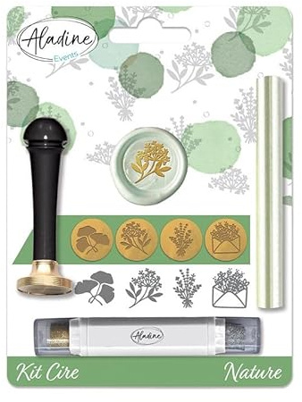 Aladine - Kit de Cire à Cacheter Nature - Scrapbooking et Carterie Créative - Cire + Manche + Batonnet Encreur de Finition + 4 Sceaux Thématiques en Laiton