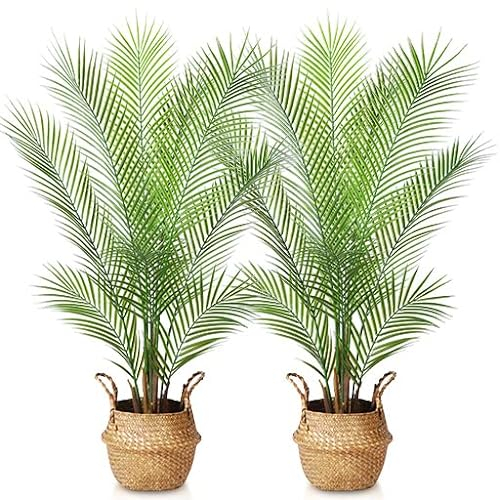 Kazeila Large Artificial Plants in Pot 110cm Artificial Palm Tree with Woven Seagrass Belly Basket Fake Plants Faux Plant Indoors Areca Palm Tree for Home Living Room Decor(2 Pack)