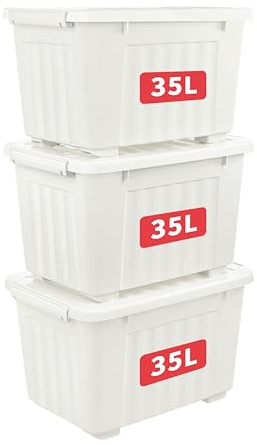 Cetomo 35L*3 Cajas de Almacenamiento con Tapas, Contenedores de Plástico con Ruedas, Clip On, Apilables, Encajables, Organizador Rayado para Oficina en Casa, Blanco, 35L-3 Pack