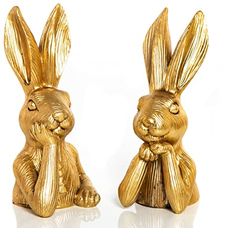 Set da 2 conigli pasquali decorativi in oro, 17 cm: eleganti coniglietti pasquali in polyresin per decorazioni pasqua moderne, centrotavola pasquale e idee regalo per casa, tavolo e ingresso