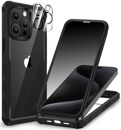 CENHUFO Sichtschutz Hülle für iPhone 15 Pro, mit Eingebautem Privacy Panzerglas Displayschutz und Kameraschutzfolie 360 Grad Handyhülle Schutzhülle Stoßfest Bumper Anti Spy Cover Case - Schwarz