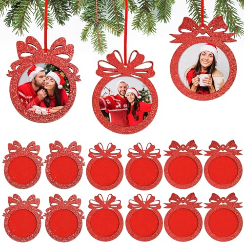 12pz Palline di Natale con Foto, Cornici Portafoto Natale in Feltri con Glitter, Porta Foto Decorazione Addobbi Albero di Natale Casa