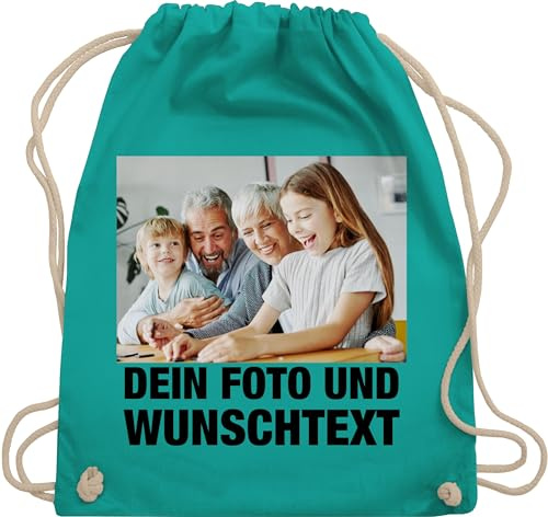 Turnbeutel Rucksack - Mit Foto I Eigenem Bild I Text I Name I Wunschtext - Unisize - Türkis - sportbeutel und kita wechselkleidung beutel selbst drucken photo stoffbeutel
