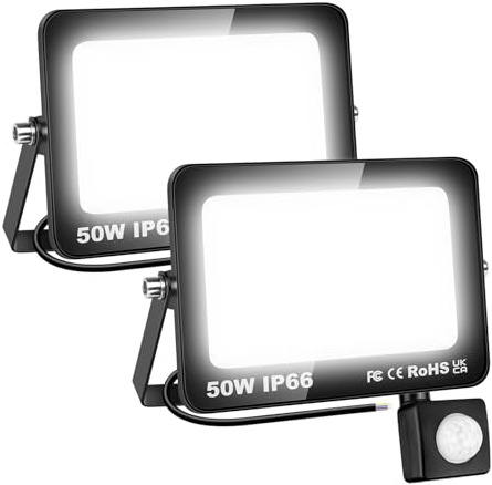 AUXTINGS 2 Pièces 50W Lampe de Sécurité Projecteur à LED Avec Détecteur de Mouvement PIR, 5000 Lumens 6000K Blanc Lumières Exterieur,LED Extérieur étanche pour Jardin,Garage,Véranda,Patio,Cortile