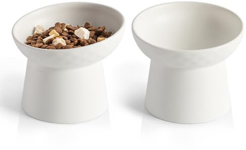 YauYik Ceramic Raised Cat Bowls, Elevated Tilted Cat Food and Water Bowls Set, Stress Free Pet Feeding Dish for Indoor Cats and Small Dogs, Anti Vomiting, White, 2 Pack