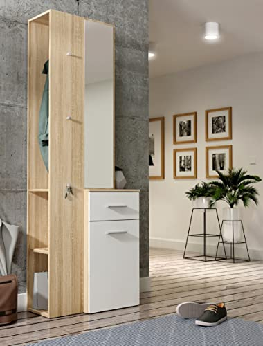 Forte LOTHAL Garderobenset 60 70, Modernes Garderobenset mit 1 Tür und 1 Schublade, Flurschrank, Stauraum, Holzwerkstoff, Sonoma Eiche Holzdekor/Weiß, 64,2 cm breit x 196 cm hoch x 34,1 cm tief