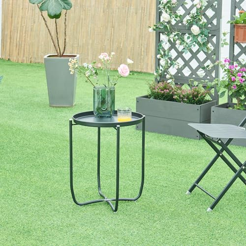 [en.casa] Outdoor Beistelltisch Sandefjord Tabletttisch Balkontisch mit abnehmbarem Tablett Schwarz Gartentisch 53 x Ø40 cm rund Indoor Metalltisch