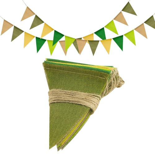 jijAcraft Wimpelkette Outdoor Wetterfest Salbeigrün, 12M Wimpelkette Garten, Jute Wimpelgirlande mit 36 Stück Wimpel, 3 Stück Grün Girlande für Geburtstagsfeier, Gartenparty, Camping