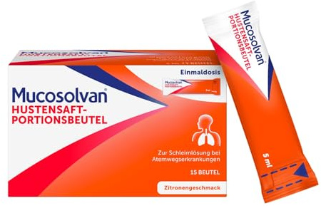 MUCOSOLVAN Hustensaft-Portionsbeutel mit 30mg Ambroxol, 15x5 ml – Schnelle Hustenlinderung, jetzt auch als praktische Portionsbeutel für unterwegs – Schleimlöser bei Husten – Löst, befreit, schützt