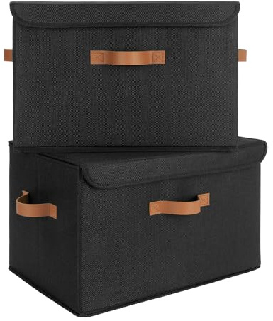 GRANNY SAYS Black Storage Bins with Lids, Decorative Storage Boxes with PU Handles, Linen Closet Organizer, Storage Baskets for Shelves, Fabric Storage Bins for Clothes, Extra Large