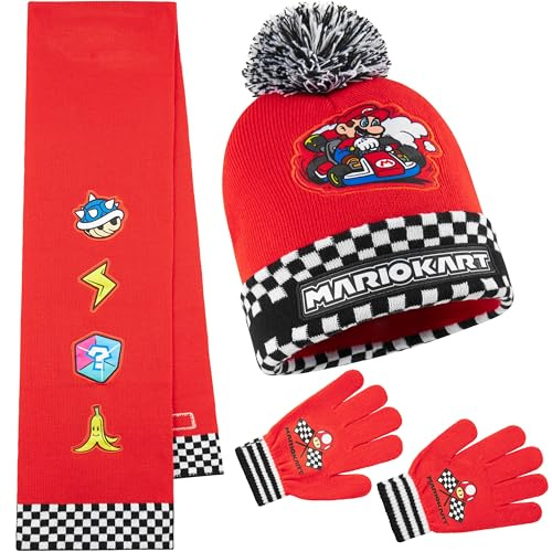 Super Mario Set Invernale Bambino, 2 Pz Berretto e Guanti o 3 Pz Set Guanti Cappello e Sciarpa Bambini, 6-14 Anni, Regalo Ragazzo (6-14 Anni, Rosso 3 Pezzi)