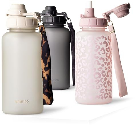 MAMEIDO Trinkflasche mit Strohhalm & Zeitmarkierung als Trinkerinnerung 1 l, Wasserflasche auslaufsicher, Sportflasche BPA-frei, Gym Water Bottle, Flasche aus Tritan (Ivory Beige)