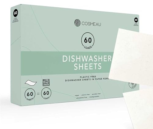 Cosmeau Spülmaschinenblätter – 60 Stück | Biologisch Abbaubar & Umweltfreundlich | Parabenfrei, Phosphatfrei | Mit Enzym-Formel | Zero-Waste, für Stark Verschmutztes Geschirr