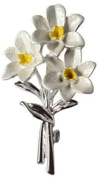Silver Finish Narcissus White Daffodil Flower Bouquet Brooch