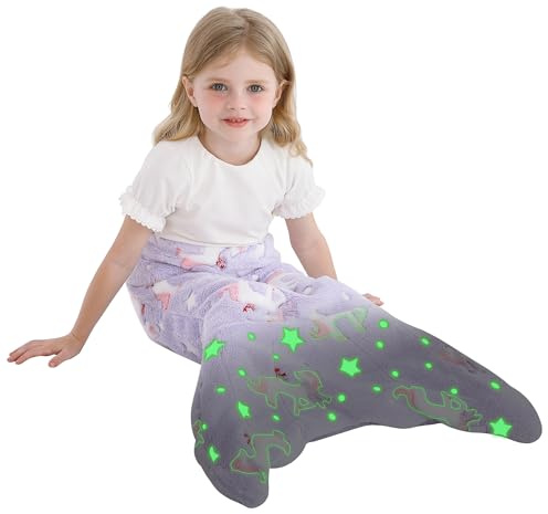 Softan Kids Mermaid Tail Blanket with Glow in the dark Unicorn & Stars, Gifts for Girls - 17 x 39