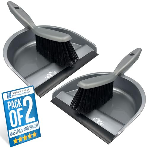 Household Dustpan and Brush Set, Soft Bristle Brush and Plastic Dust Pan with Rubber Lip to Collect and Sweep Dust and Dirt from Floors, Stylish Silver Colour Hand Brush and Dustpan (Pack of 2)