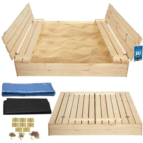 KOTARBAU® Arenero Infantil - con Tapa - Arenero Niños - Madera de Pino - 140 x 140 cm - Natural - Cajón de Arena - para Niños Exterior - con Bancos - Velo Antihierbas - Resistente