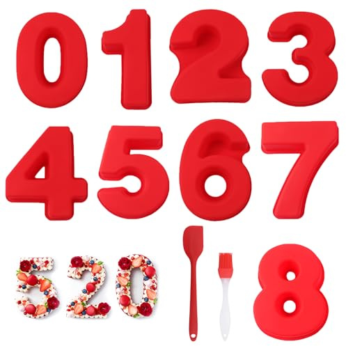 ZYNERY 9 Pcs Large Size Number 0-8 Cake Moulds, 10 Inch Cake Tin, Silicone 3D Cake Mould for Baking (Red)