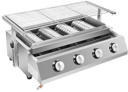 Desnysmf Griglia a Gas in Acciaio Inox a 4 Fuochi, Griglia da Tavolo, Robusta, Modern Style, 57 x 39 x 17,5 cm
