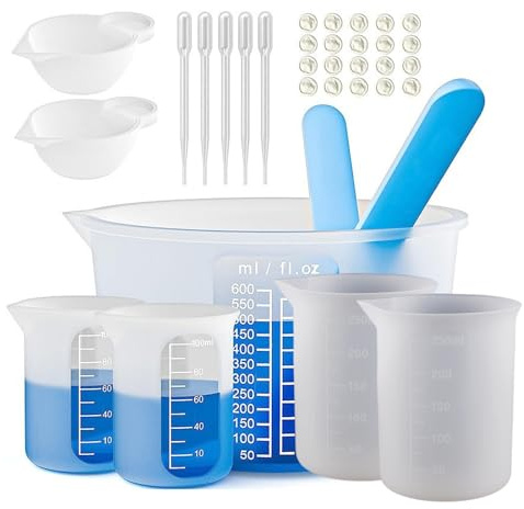 Zyiphor 7 Pezzi Misurare in Silicone con Graduato,Misurino Resina Epossidica 600/250/100ml Tazze di Resina Silicone con Pipette, Bastoncini, Guanti per Fai da Te, Artigianato, Laboratorio, Cucina