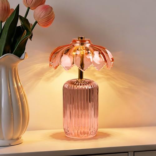 MJ Premier Cordless Lamp, Battery Operated Lamp with Timer, Crystal Glass Flower Lampshade, Small Table Lamps, Decorative Led Light for Bedroom Living Room Shelf (S-Pink) | Crystal Glass Flower Lampshade, Small Table Lamps, Decorative Led Light for Bedroom Living Room Shelf