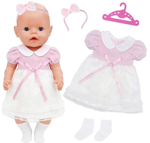 Puppenkleidung für 35-43cm Baby Puppen, Rosa Puppenkleidung Outfit, Süßes und Niedliches Puppenkleider, Rosa Gazerock, Stirnband mit Schleife, Socken, Kleiderbügel
