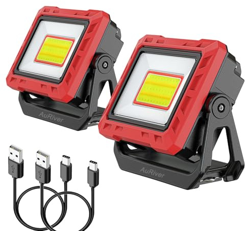 AuRiver Lampe LED de travail, 2000 lumens, super lumineuse, inspection batterie, pied magnétique rotation 360°, garage atelier (2 Pièce)