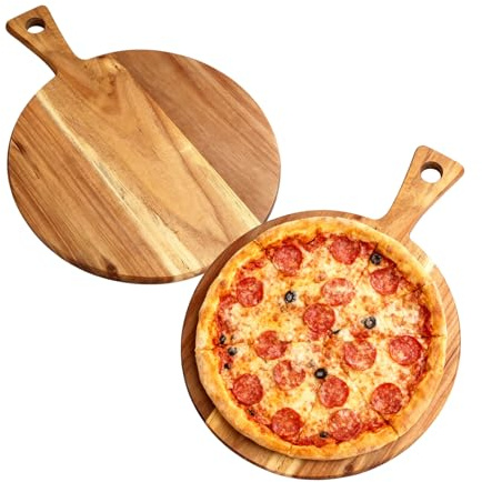 Tabla de servir de madera, platos de pizza, tabla de cortar redonda, bandeja de madera multifuncional, tabla redonda para servir pizza y preparación de alimentos, plato de cortar duradero, juego de 2