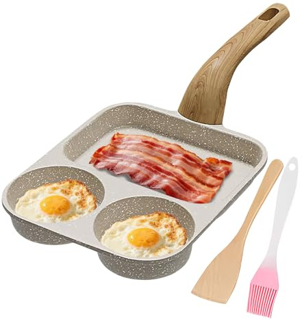Générique Poêle À Pancakes À 3 Cavités, Poêle À Omelette Antiadhésive En Aluminium Avec Spatule, Pinceau Et Manche Résistant À La Chaleur, Pour Cuisinière À Gaz Et Induction, Pour Œufs, Steaks, Bacon