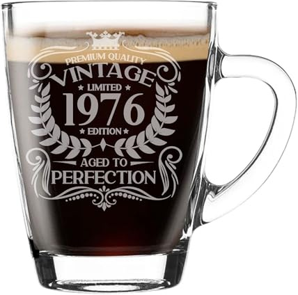 50th Birthday Gift for Men Vintage 1976 Aged to Perfection Engraved Glass Mug Gift for Coffee Lovers Tea Cup Present for 50 Year Old 300ml Coffee Mug Funny Novelty Mug Gift For Men or Women