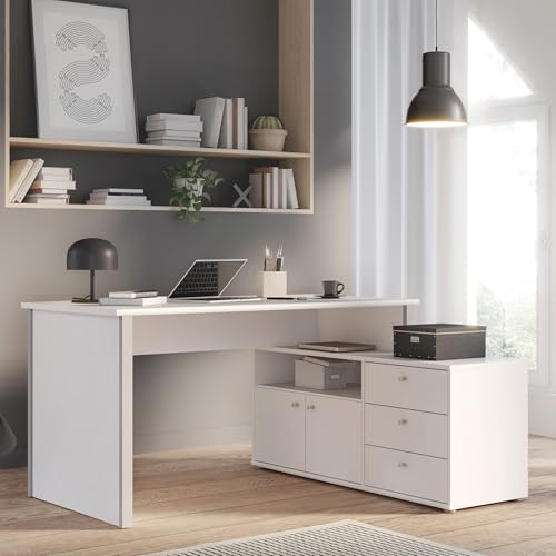 Forte TEMPRA 2 Schreibtisch 120, moderner Schreibtisch in L-Form mit Regal, 2 Türen, 3 Schubladen, Holzwerkstoff, Weiß/Grau, 120,6 cm breit x 74,9 cm hoch x 151,4 cm tief