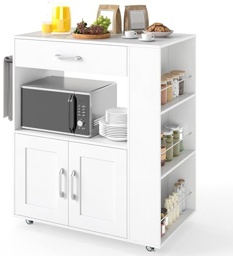 COSTWAY Küchenwagen mit Rollen, Servierwagen mit Arbeitsplatte, Schublade & 3 Gewürzregalen, mobiler Kücheninsel Holz, Mikrowellenschrank für Küche Esszimmer (Reines Weiß,75 x 46 x 90,5 cm)