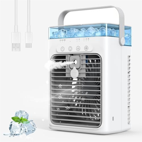 Portable Air Conditioner, Personal Evaporative Air Cooler, 3-Speed Small AC Fan, 8H Auto-off, Mini Air Conditioner, Mobile Air Conditioners for Car, Desktop, Camping, Bedroom, Office
