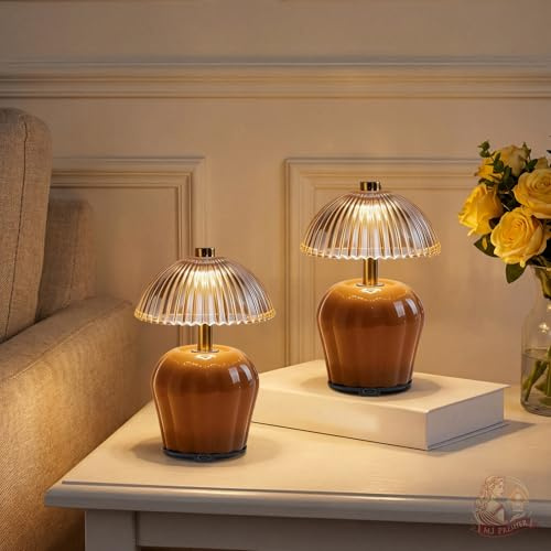 MJ PREMIER Tischlampe Kabellos Akku mit Timerfunction 2er Set | Pilzform USB Aufladbar Kleine Tischleuchte Nachttischlampe Glas Lampe Notlicht für Schlafzimmer Wohnzimmer Khaki