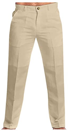 Pantalones de lino para hombre, pantalones de verano, pantalones de ocio, ligeros, con cordón, bolsillos, pantalones de tela, corte holgado, algodón largo, A47