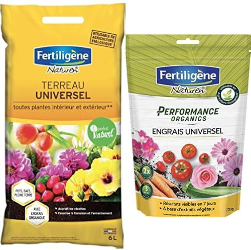 FERTILIGÈNE Kit Plantation Universel - Terreau Universel 6 L + Engrais Performance Organics Universel 700 g - Nutrition Complète pour Plantes d'Intérieur, Balcon, Terrasse, Jardin et Potager