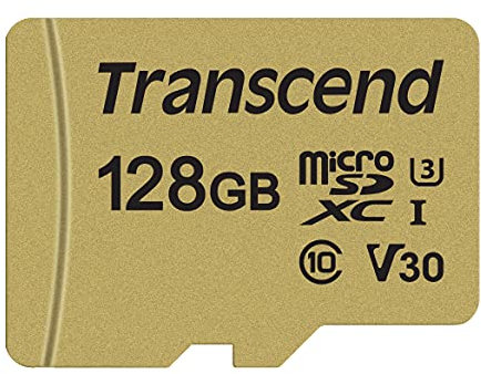 Transcend 128GB microSDXC 500S Memory Card UHS- I, C10, U3, V30, 4K, Full HD, Up to 95/80 MB/s (ideal for action cameras and drone cameras) TS128GUSD500S