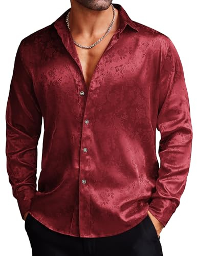 COOFANDY Kostymskjorta herr, silkessatin, jacquard, långärmad, blommig skjorta, fest, bal, bröllop, Vinröd, L