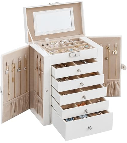 SONGMICS 6-Layer Jewelry Box Organizer with 5 Drawers, Jewelry Storage Case with Lock and Mirror, Large Storage Capacity, Gift for Loved Ones, for Necklaces, Watches, White UJBC152W01