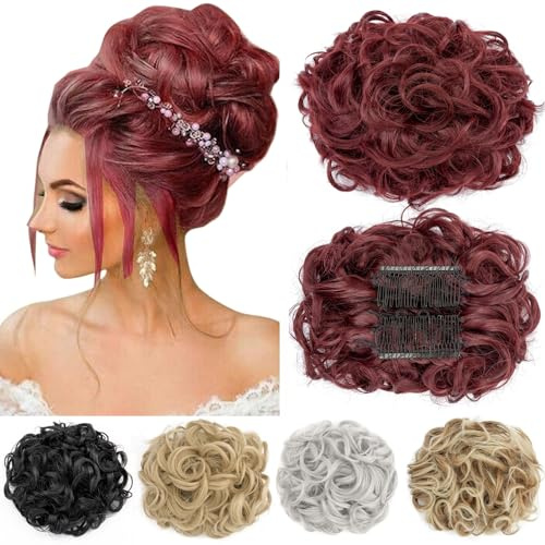 Combs Bun Chignon Capelli Finti Extension Capelli Coda Capelli Mossi Ciambella Elastico Posticci Scrunchie Hair Ricci Updo Vino rosso