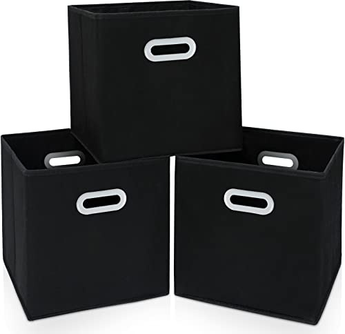 SEVENDOME Fabric Cloth Storage Bins,Cube Organizer with Dual Handles Foldable Baskets for Home Bedroom,Set of 3, Black