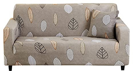 AMDXD Sofaüberwürfe 4 Sitzer, Hell Braun Blätter Muster Sofa Stretchhusse Möbelschutz mit Elastischem für Wohnzimmer, in Polyester, Anti-Rutsch,Elastischer