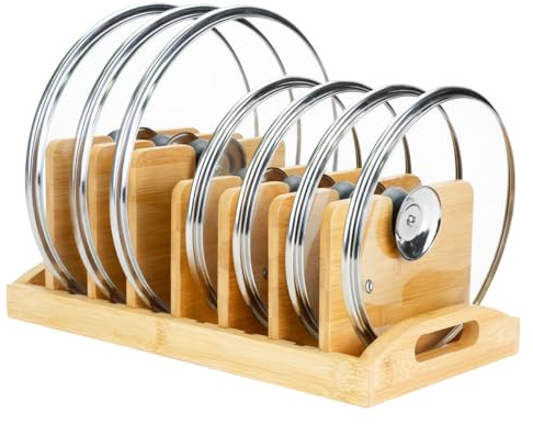 TIE-DailyNec 1 Stück Topfdeckelhalter aus Bambus, Tellerständer Holz, Pfannendeckelhalterung mit 7 herausnehmbaren Unterteilungen für Teller, Topfdeckel, Schneidebretter, Pfannen