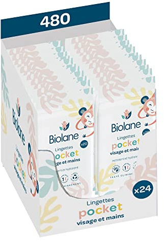 BIOLANE - Lot de 24 paquets lingettes visage et mains pocket - Nettoie et protège - 480 Lingettes nettoyantes (24x20) - Peaux Sensibles - 97 % d'ingrédients naturels