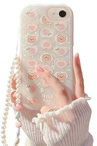 Ownest Kompatibel iPhone SE 2022 Hülle/iPhone SE 2020 Case, iPhone 8 Handyhülle/iPhone 7 Hülle mit Perlen Armband Design Cute Süßes Bär Liebe Herzen Muster Pearl Aesthetic Case | Bären-Liebes-Herzmuster
