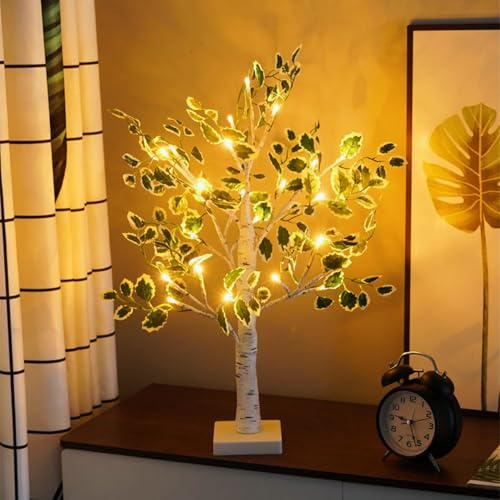 Tischlampe aus Birke mit künstlichen grünen Blättern und 24 warmweißen LED Lichtern für Kamin, Schlafzimmer Zuhause Party, Hochzeit, Heimdekoration, Esstisch, Mini Bonsai Baum-Licht 60 cm